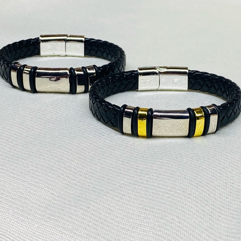 Black and Silver Men's Bracelet with Gold Accents